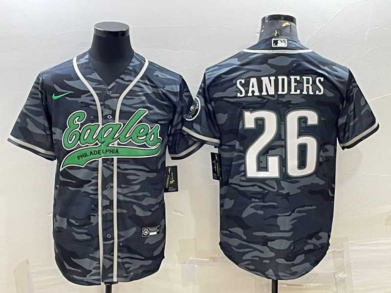 Mens Philadelphia Eagles #26 Miles Sanders Grey Camo With Patch Cool Base Stitched Baseball Jersey